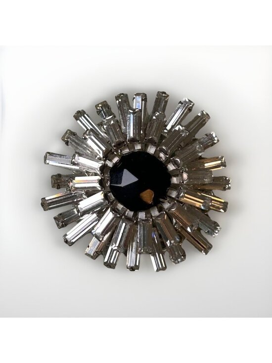 Miriam Haskell Jewelry - Miriam Haskell Brooch 1950’s Silver Tone Black Crystal Flower Vintage Pin Glam